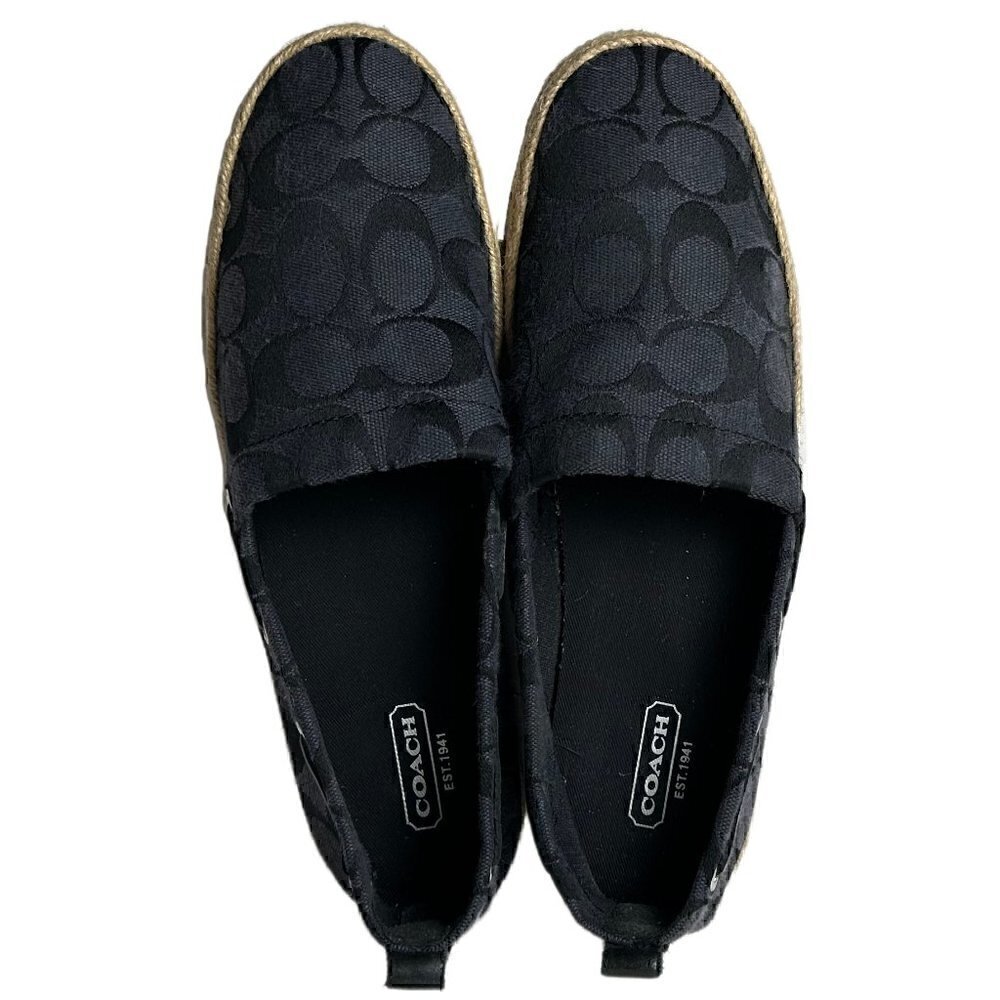Coach Navy Blue Jacquard Logo Print Flat Espadrilles